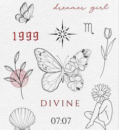 a drawing of flowers and butterflies with the words divine written in red on white paper