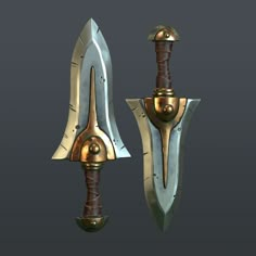 two metal swords with gold accents on them