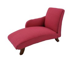 an upholstered chair with wooden legs and pink fabric on the back, against a white background