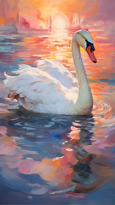 a painting of a swan swimming in the water