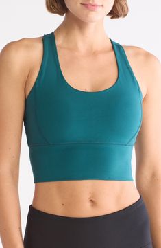 A soft and supportive sports bra features racerback straps and a longline silhouette. Scoop neck Racerback 83% polyester, 17% spandex Machine wash, tumble dry Imported Breathable Solid Sports Bra For Light Sports, Solid Color Sports Bra With Go-dry Technology, Green Sports Bra With Built-in Padding For Training, Green Sports Bra With Built-in Padding For Gym, Casual Compression Breathable Sports Bra, Solid Breathable Sports Bra, Breathable Racerback Activewear, Breathable Solid Color Racerback Activewear, Solid Color Breathable Racerback Activewear