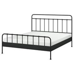 a metal bed frame with white sheets and black slatted headboard on an isolated white background