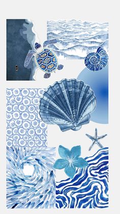 blue and white wallpaper with sea shells, starfish, seashells and waves