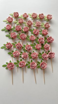 there are many pink roses on sticks with green leaves in the shape of flowers that look like they have been made out of paper