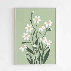 a painting with daisies on a green background