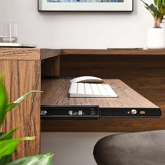 a wooden desk with a computer monitor and keyboard on it, next to a potted plant