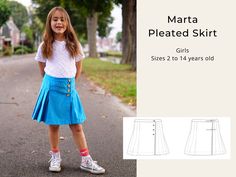 --- Please note this is a PDF instant download sewing pattern. No physical item will be sent to you. PDF patterns are non-refundable. --- The Marta skirt is the classic school skirt, that is part of many school uniforms. It's a pleated skirt with a flat overlapping front, and closes with either buttons or buckle strap fasteners. The length hits right above the knee. The design features: - adjustable back waist - button closure on inside front waist - video sew along in my YT channel   RECOMMENDED FABRICS: Woven medium or heavyweight denim, with or without stretch, and also looks great in fine wale corduroy and cotton twill. See the last photo for fabric requirements. SIZING: Pattern comes in sizes 2 through to 14 years (92cm to 164cm height), separated by color and line style, with seam al Kids Jeans Pattern, Pleated Skirt Pattern, School Skirt, Sewing School, Skirt With Buttons, Yt Channel, Patterned Jeans, School Uniforms, Jeans Kids