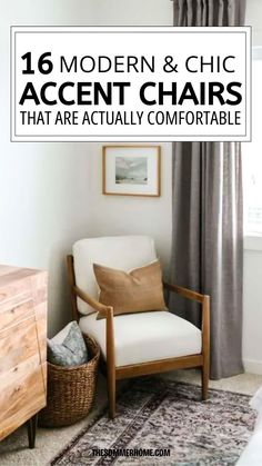 a white chair sitting on top of a rug next to a wooden dresser and window