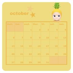 a calendar with an image of a pineapple on the front and side, for october