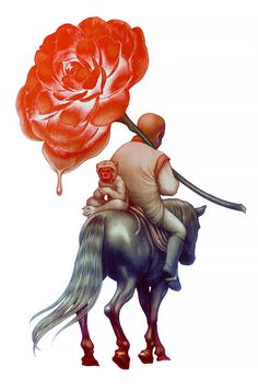 a man riding on the back of a horse next to a red rose that is dripping