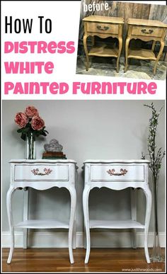 See how to distress furniture for that romantic distressed look on white painted furniture. These white painted tables get a distressed paint look makeover. Distressed white painted furniture makeover.