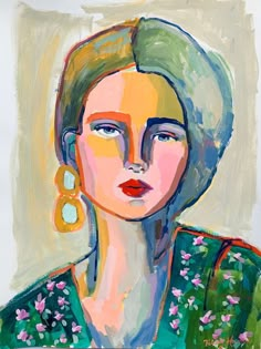 a painting of a woman with earrings on her head