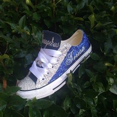 Custom Made To Order Royal Blue Quince Shoes, Light Blue Converse, Pearl Sneakers, Canvas Shoes Diy, Upcycle Shoes, Rhinestone Converse, Royal Blue Quince, Bling Sneakers, Quinceanera Shoes