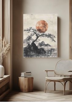 a painting on the wall above a chair in a room with wooden floors and walls