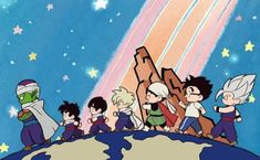 cartoon characters standing on top of the earth