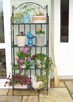 a metal shelf filled with potted plants on top of a stone floor next to a white door