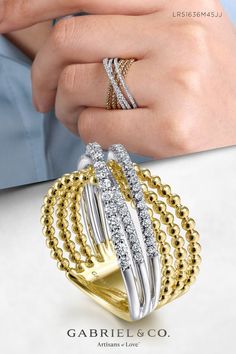 From desk to drinks, this mixed metal Bujukan ring is an impactful addition to your look. Criss crossing strands of beaded 14K yellow gold and glistening 0.48ct pavé diamonds set in 14K white gold form a trendy X design.
14K White-Yellow Gold Bujukan Ball and Diamond Criss Cross Ring	
LR51636M45JJ Kb And Karla Ring, Light Weight Diamond Rings, Europe Market, Mixed Metal Ring, Diamond Rings For Women, Gabriel Jewelry, Ladies Rings, Diamond Bracelet Design, Criss Cross Ring