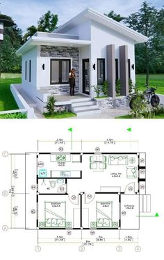 two story house plan with 2 bedroom and 1 bathroom in the front, one living room on