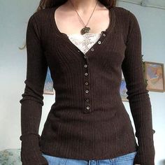 https://amzn.to/3CjJmU5 Fitted Cotton Sweater With Buttons, Fitted Brown Button-up Sweater, Brown Crew Neck Top With Buttons, Fitted Brown Sweater With Button Closure, Brown Fitted Sweater With Button Closure, Brown Buttoned Tops For Fall, Brown Tops With Buttons For Fall, Grunge Aesthetic Clothes, 00s Mode