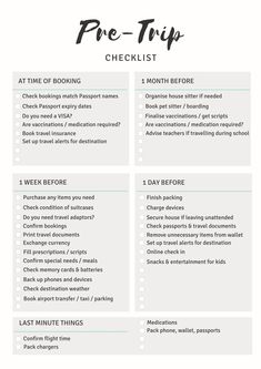 a checklist with the words pre - trip and other things to do