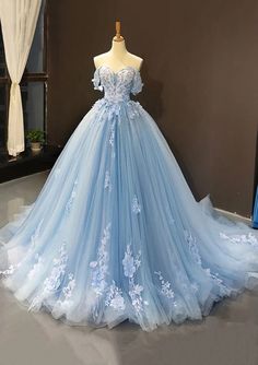 Princess Ball Gown Off-the-Shoulder Sweetheart Sweep Train Tulle Prom - Princessly Gaun Tulle, Blue Wedding Dress, Quinceñera Dresses, Elegant Ball Gowns, Senior Prom Dresses, 파티 드레스, Long Prom Gowns, Blue Evening Dresses, Blue Wedding Dresses