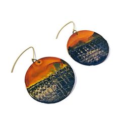 These large disc earrings were handmade from polymer clay and hand painted with alcohol ink. The bottom section has a textured style adding depth and making a statement. These earrings are available in the two colors shown or you can reach out to customize your colors.  These earrings measure 1.5 inches wide and high and the brass ear wires add approx. 0.7 inchesThe model is wearing earrings of a similar style but in same size.All of my jewelry is handcrafted with love in my workshop in Halifax, Painted Polymer Clay Earrings, Alcohol Ink Jewelry, Painted Polymer Clay, Polymer Clay Painting, Artsy Jewelry, Polymer Earrings, Paper Earrings, Disc Earrings, Paper Jewelry