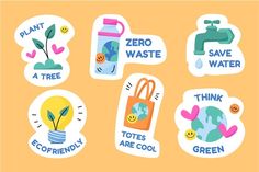 four stickers with different types of water and plants on them, one says zero waste, the other says think ecofeindly