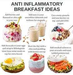 an image of breakfast foods with the words anti - inflamatory breakfast ideas