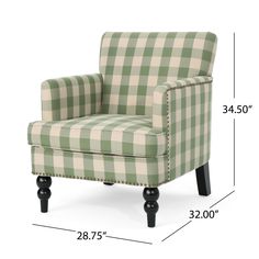 a green and white checkered chair with black legs, measurements for the arm rest