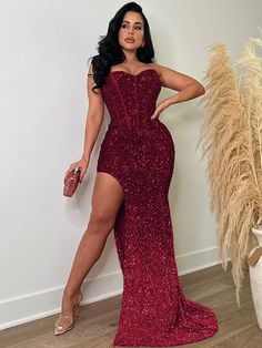 Znaiml Sexy Sparkly Sequins Mermaid Wedding Evening Dresses for Women Birthday Party Gown High Split Dresses For Women Birthday, Golden Prom Dress, Dresses With Slits, Wedding Evening Dresses, Women Birthday Party, Split Prom Dresses, Robes Glamour, Mini Prom Dresses, Velvet Prom Dress