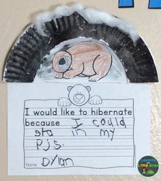 a paper plate with a drawing of a bear holding a sign that says i would like to hibernate because it could be in my piggy