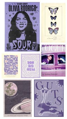 various posters are shown in purple and white