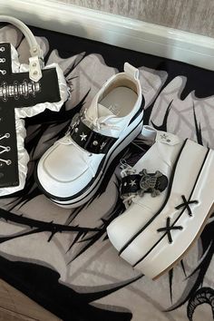 Black and White Star Hunter Pirates Skull Design Punk Platforms Pirates Skull, Y2k Shoes, Punk Shoes, Beautiful Decorations, Black And White Stars, Kawaii Shoes, Pirate Skull, Shoe Inspo, Girly Shoes