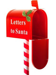 a red and white mailbox with the words letters to santa on it's side