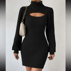 Short Dresses Casual Winter, Short Winter Dresses, White Bodycon Dress Classy, Short Winter Dress, Cut Out Sweater, Dress Outfits Party, Body Con Dress Outfit, Cutout Sweater, Business Formal Dress