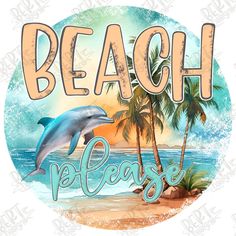 a dolphin jumping out of the water with palm trees and beach please sign in the background