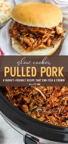 slow cooker pulled pork in the crock pot with text overlay that reads slow cooker pulled pork