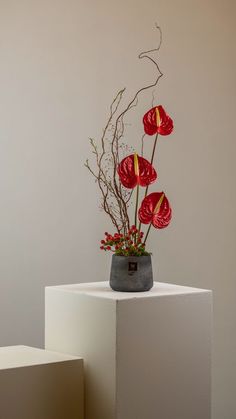 a vase filled with red flowers sitting on top of a white pedestal next to a wall