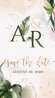 save the date card with greenery and gold foil