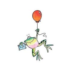 a drawing of a frog flying with a balloon