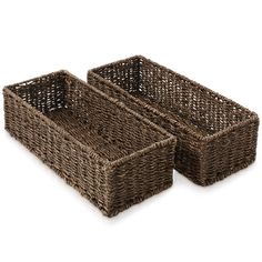 two brown wicker baskets sitting next to each other