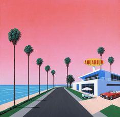 a painting of a motel with palm trees and the ocean in the background