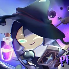 an animated character wearing a witches hat and holding a bottle with purple liquid in it