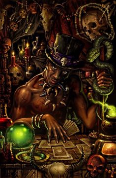 a man with a top hat sitting at a table surrounded by skulls and other items