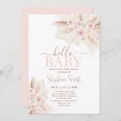 a pink and white baby shower with flowers on the front, in gold foil lettering