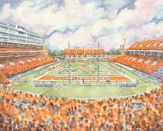 a painting of an orange stadium filled with people