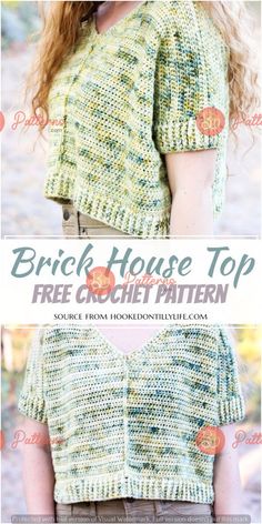 a woman wearing a knitted sweater with the words, brick house top free crochet pattern