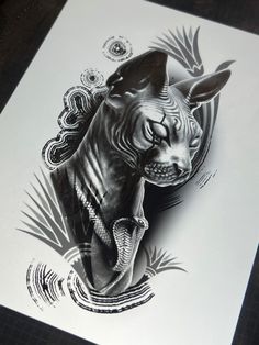 a black and white drawing of a cat with an intricate design on it's face