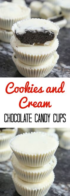 cookies and cream chocolate candy cups are stacked on top of each other with text overlay