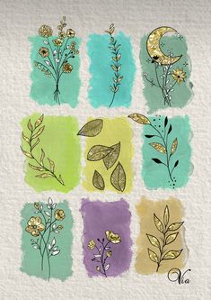 a bunch of flowers that are on top of a piece of paper with watercolor paint